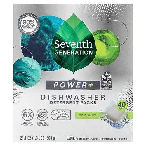 Seventh Generation, Paquete de detergente para lavavajillas Power +, Cítricos frescos`` 40 paquetes, 600 g (21,1 oz)