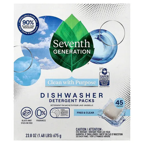 Seventh Generation, Pastillas de detergente para lavavajillas, Limpio y transparente, 45 pastillas, 675 g (23,8 oz)