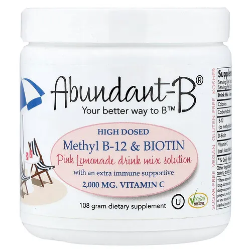 Sufficient C, Mezcla para preparar bebidas con altas dosis de metil B12 y biotina Abundant-B®, Limonada rosa, 108 g