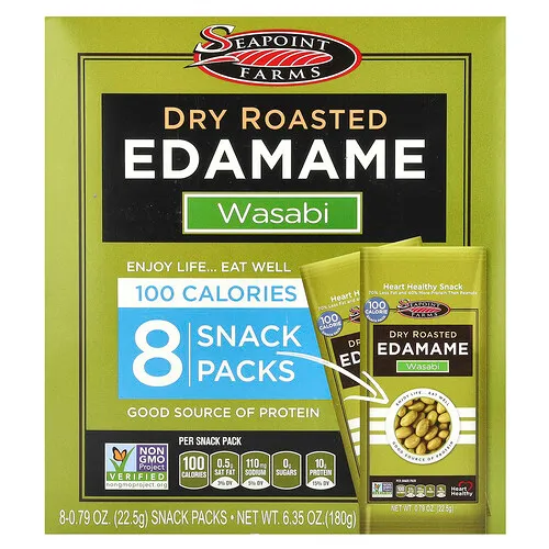 Seapoint Farms, Edamame Seco y Rostizado, Wasabi Especiado, 8 Paquetes de Refrigerios, 0.79 oz (22.5 g) Cada uno