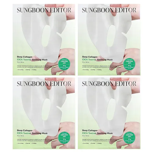 Sungboon Editor, Mascarilla calmante con colágeno profundo CICA y árbol del té, 4 paquetes, 37 g (1,30 oz) cada uno