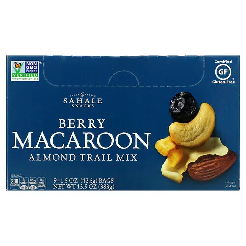 Sahale Snacks, Mezcla de frutos secos y almendras, Macaroon de bayas, 9 paquetes, 42,5 g (1,5 oz) cada uno