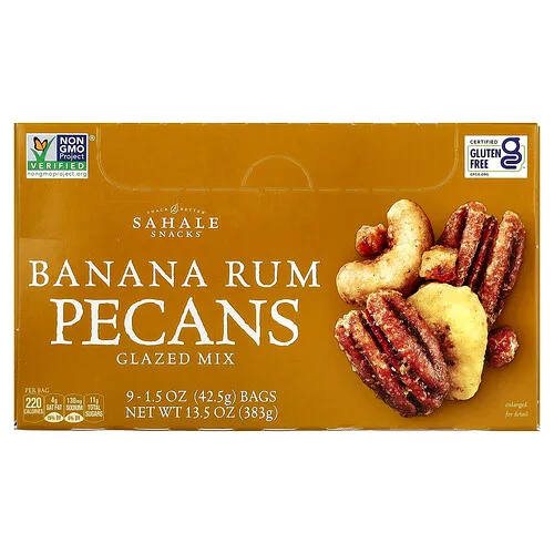 Sahale Snacks, Mezcla para glasear, Plátano, ron y pacanas, 9 bolsas, 42,5 g (1,5 oz) cada una