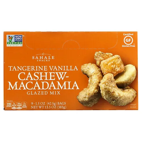Sahale Snacks, Mezcla glaseada, Mandarina, vainilla, castañas de cajú y macadamia, 9 paquetes, 42,5 g (1,5 oz) cada uno