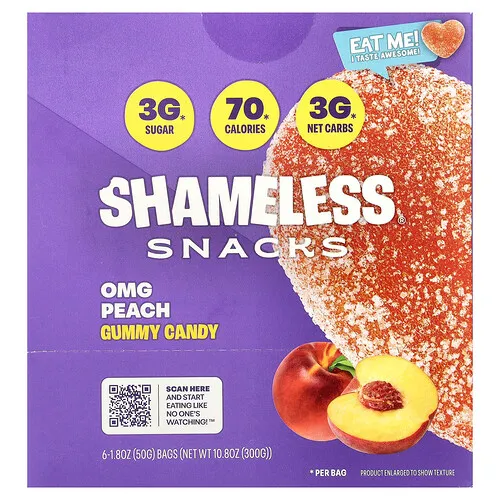 Shameless Snacks, Gomitas, Melocotón Dios mío, 6 bolsas, 50 g (1,8 oz) cada una
