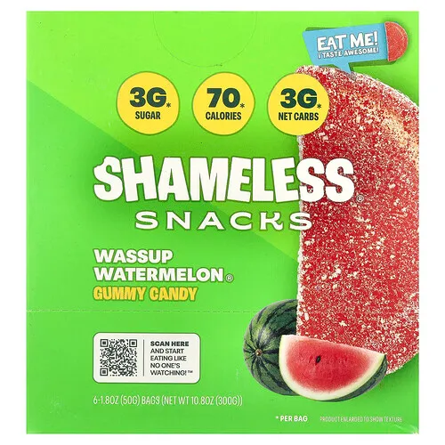 Shameless Snacks, Wassup Watermelon®, Gomitas, 6 bolsas, 50 g (1,8 oz) cada una