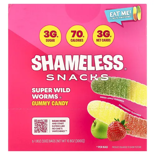 Shameless Snacks, Caramelos de gomita Super Wild Worms®, Manzana verde y fresa, 6 bolsas, 50 g (1,8 oz) cada una