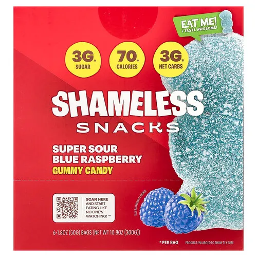 Shameless Snacks, Gomitas, Frambuesa azul superácida, 6 bolsas, 50 g (1,8 oz) cada una
