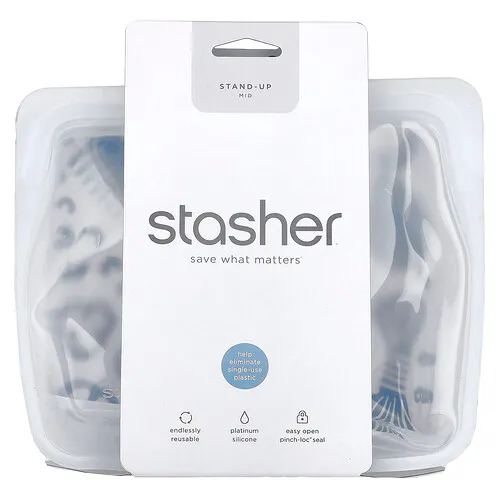 Stasher, Bolsa de silicona reutilizable para alimentos, Stand Up Mid, Transparente, 1656 ml (56 oz. líq.)