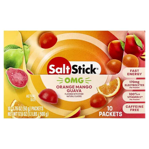 SaltStick, Gomitas energéticas, Naranja, mango y guayaba, 10 sobres, 50 g (1,76 oz) cada uno
