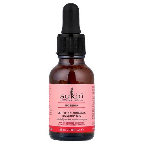 Sukin, Aceite de rosa mosqueta orgánica certificada, Para pieles secas y angustiadas, 25 ml (0,85 oz. líq.)
