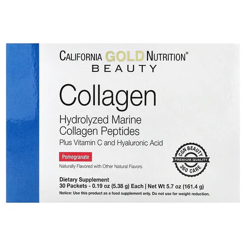 California Gold Nutrition, Péptidos de colágeno más vitamina C y ácido hialurónico, Granada, 30 sobres, 5,38 g (0,19 oz) cada uno
