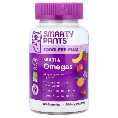 SmartyPants, Toddler Plus, Suplemento multivitamínico con omega, Uva, naranja y fresa, Plátano, 60 gomitas