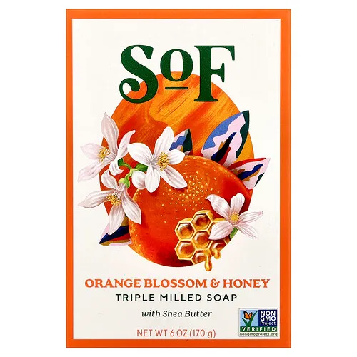 SoF, Orange Blossom Honey, Barra de jabón fresada con manteca de karité orgánica, 6 oz (170 g)