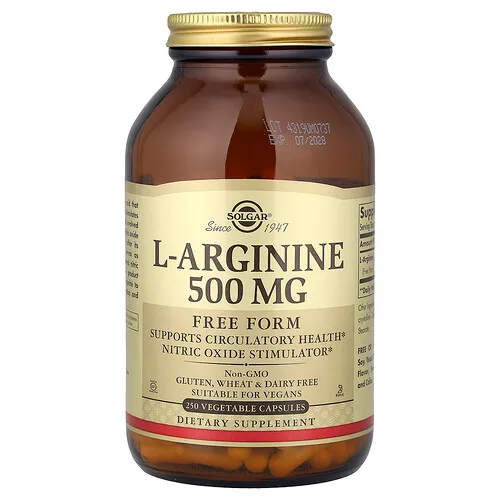 Solgar, L-arginina, Forma libre, 500 mg, 250 cápsulas vegetales