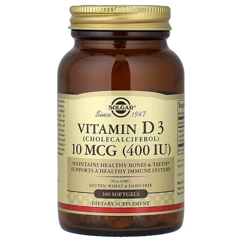 Solgar, Vitamina D3 (colecalciferol), 10 mcg (400 UI), 100 cápsulas blandas