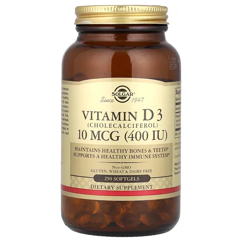 Solgar, Vitamina D3, 10 mcg (400 UI), 250 cápsulas blandas