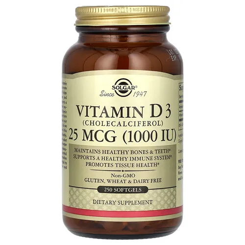 Solgar, Vitamina D3 (colecalciferol), 25 mcg (1000 UI), 250 cápsulas blandas