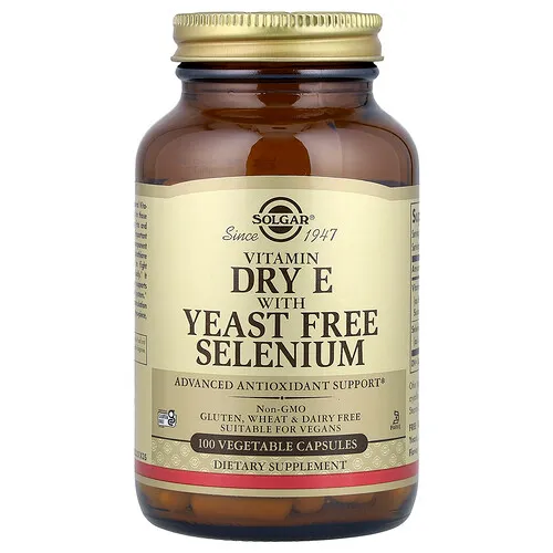 Solgar, Vitamina E seca con selenio libre de levadura, 100 cápsulas vegetales