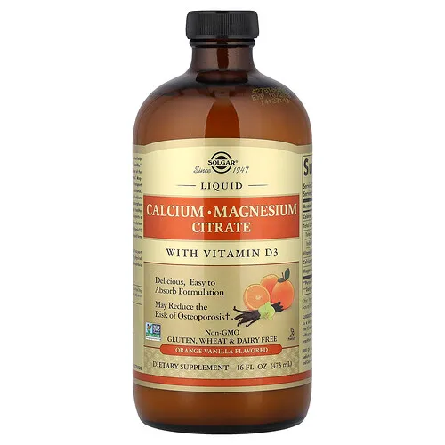 Solgar, Citrato de calcio y magnesio líquido con vitamina D3, Naranja y vainilla natural, 473 ml (16 oz. Líq.)