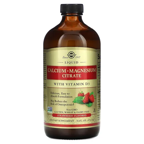 Solgar, Citrato de calcio y magnesio líquido con vitamina D3, Fresa natural, 473 ml (16 oz. Líq.)