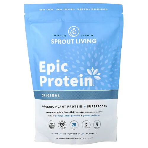 Sprout Living, Epic Protein, Proteína vegetal orgánica y superalimentos, Original, 455 g (1 lb)