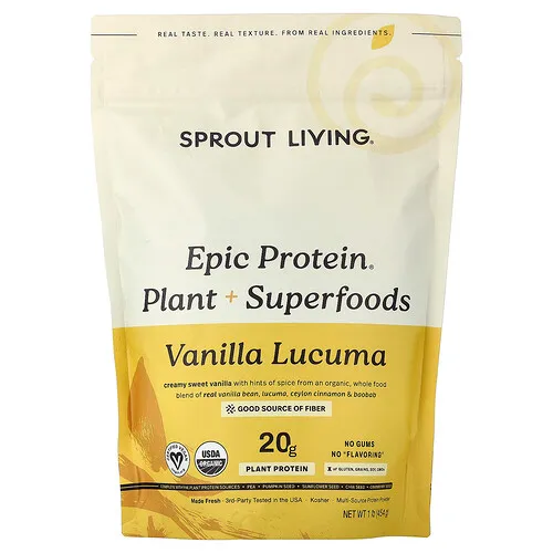 Sprout Living, Epic Protein®, Proteína vegetal orgánica con superalimentos, Vainilla y lúcuma, 454 g (1 lb)