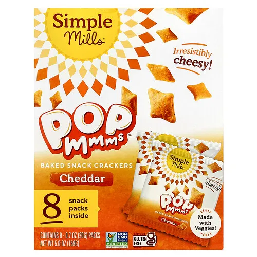 Simple Mills, Galletas saladas horneadas PopMmms™, Cheddar, 8 paquetes, 20 g (0,7 oz) cada uno