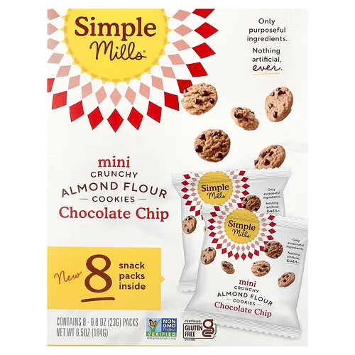 Simple Mills, Minigalletas crujientes de harina de almendras, Chips de chocolate, 8 paquetes, 23 g (0,8 oz) cada uno