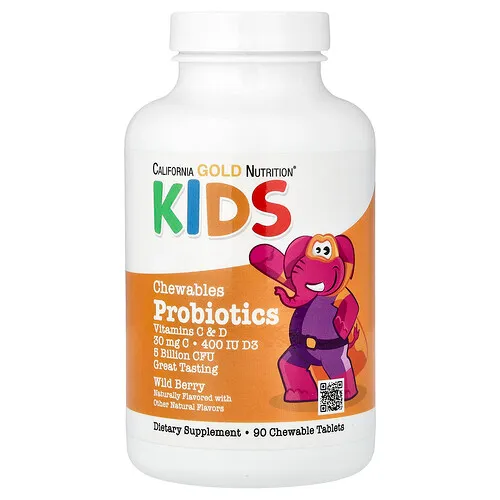 California Gold Nutrition, Probióticos para niños, Bayas silvestres, 5000 millones de UFC, 90 comprimidos masticables