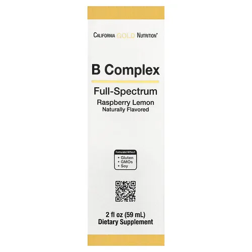California Gold Nutrition, Complejo de vitaminas B de espectro completo con vitamina B12, ácido pantoténico, biotina y niacina, Frambuesa y limón, 59 ml (2 oz. líq.)