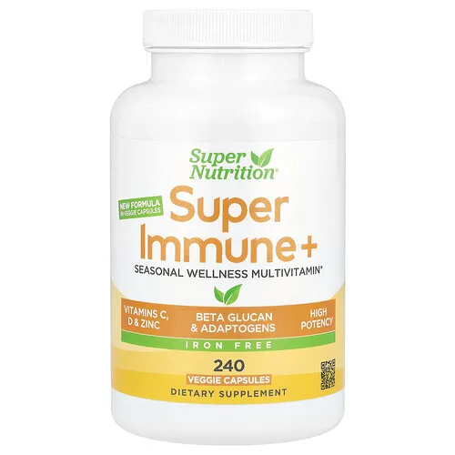 Super Nutrition, Suplemento multivitamínico para lograr una superinmunidad y más con vitamina C, vitamina D y beta-glucano, Sin hierro, 240 cápsulas vegetales