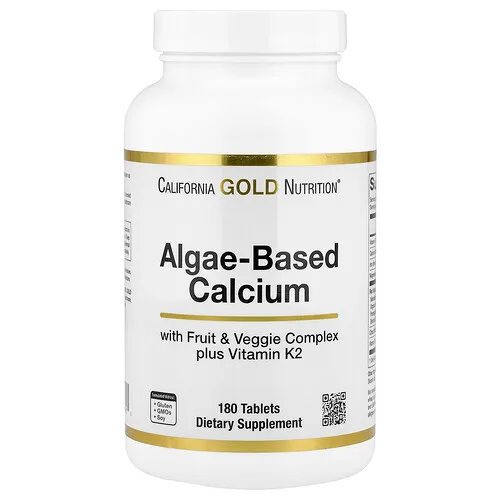 California Gold Nutrition, Calcio proveniente de algas con vitamina D3 y magnesio, Fresa, frambuesa y arándano azul orgánicos, 180 comprimidos