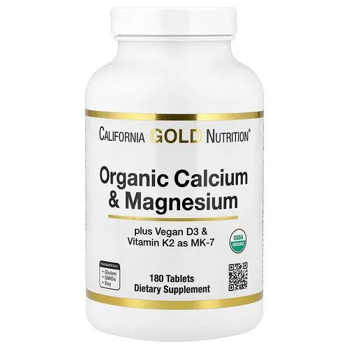 California Gold Nutrition, Calcio y magnesio orgánicos con vitamina D3 y vitamina K2, 180 comprimidos