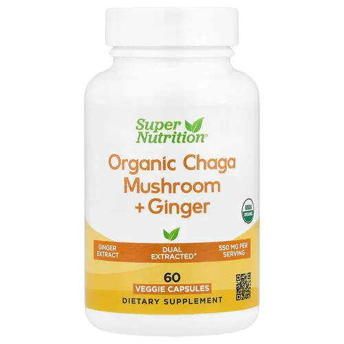 Super Nutrition, Hongo chaga orgánico con jengibre, 60 cápsulas vegetales