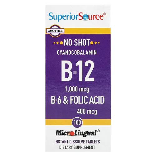 Superior Source, Cianocobalamina B12, vitamina B6 y ácido fólico, 100 comprimidos de disolución instantánea MicroLingual®