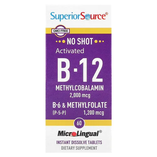 Superior Source, Vitamina B12 activada, metilcobalamina, vitamina B6 (P-5-P) y metilfolato, 60 comprimidos de disolución instantánea MicroLingual®