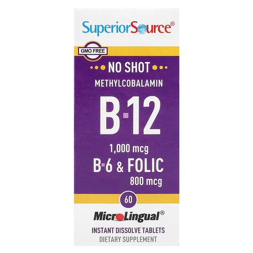 Superior Source, Metilcobalamina B12, vitamina B6 y ácido fólico, 60 comprimidos de disolución instantánea MicroLingual®