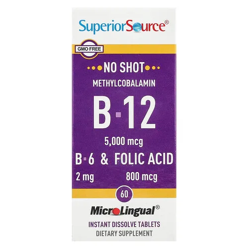 Superior Source, Metilcobalamina B12, vitamina B6 y ácido fólico, 60 comprimidos de disolución instantánea MicroLingual®