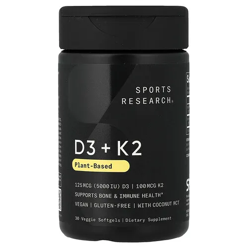 Sports Research, Vitaminas D3 y K2, Suplemento de origen vegetal, 30 cápsulas blandas vegetales