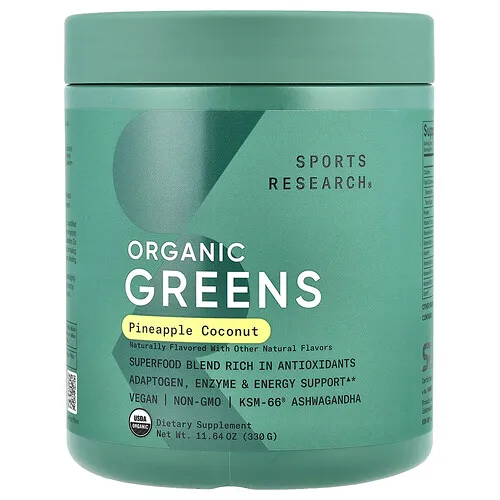Sports Research, Verduras de hoja orgánicas, Piña y coco, 330 g (11,64 oz)