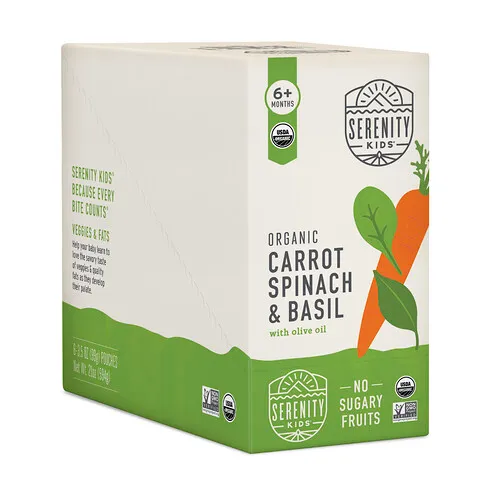 Serenity Kids, Zanahoria, espinaca y albahaca orgánicas con aceite de oliva, 6 meses en adelante, 6 sobres, 99 g (3,5 oz) cada uno