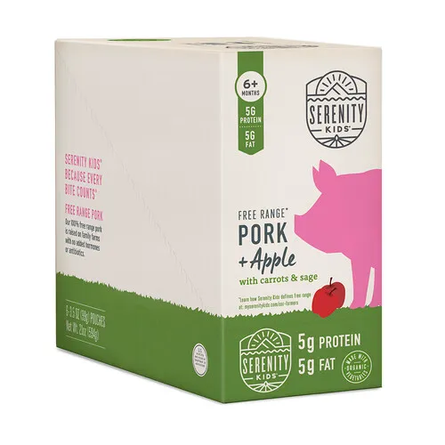Serenity Kids, Cerdo criado en libertad con manzana, zanahorias y salvia, 6 meses en adelante, 6 sobres, 99 g (3,5 oz) cada uno