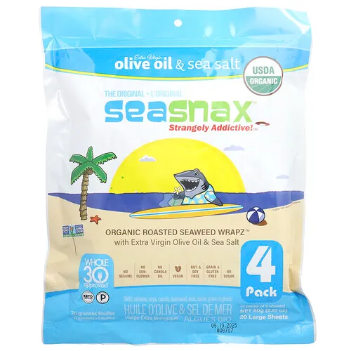 SeaSnax, Envoltura de algas tostadas orgánicas, Wrapz™, Aceite de oliva y sal marina, 20 láminas grandes, 60 g (2,16 oz)