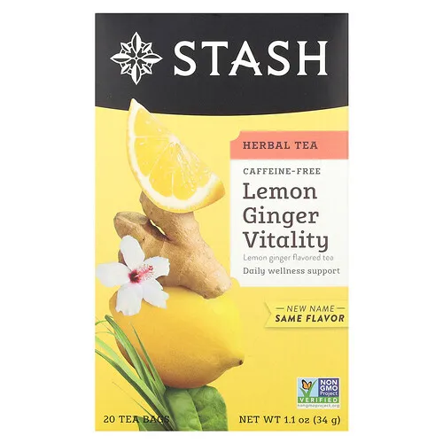 Stash Tea, Té de hierbas, Limón, jengibre y vitalidad, Sin cafeína, 20 bolsitas de té, 34 g (1,1 oz)