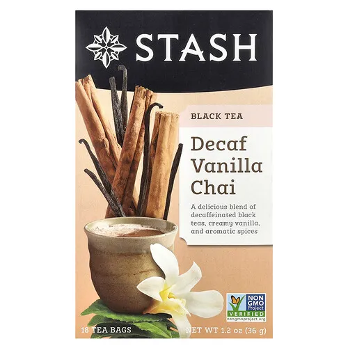 Stash Tea, Té negro, Chai de vainilla descafeinado, 18 bolsitas de té, 36 g (1,2 oz)