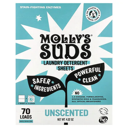 Molly's Suds, Detergente para la ropa en láminas, Sin fragancia, 35 láminas