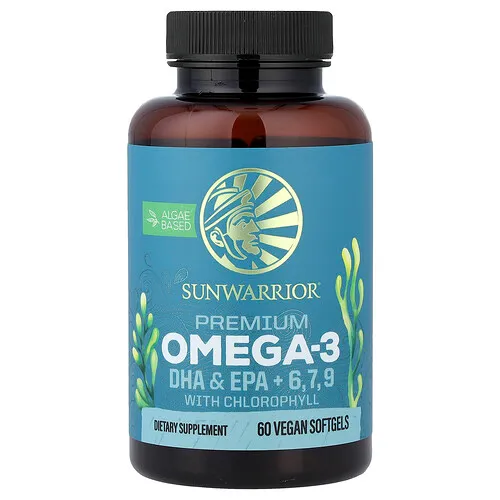 Sunwarrior, Omega-3 prémium, DHA y EPA más omega-6, -7 y -9 con clorofila, 60 cápsulas blandas veganas