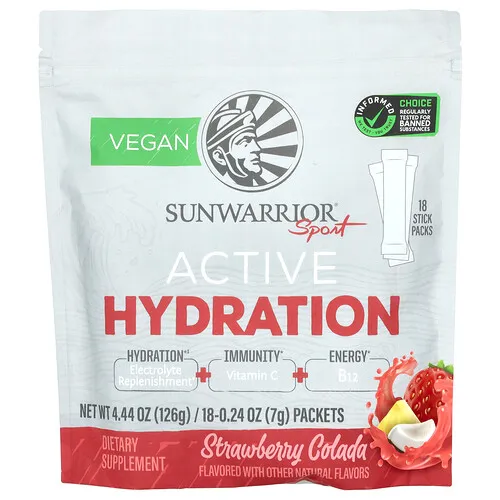 Sunwarrior, Sport, Hidratación activa, Fresa colada, 18 sobres, 7 g (0,24 oz) cada uno