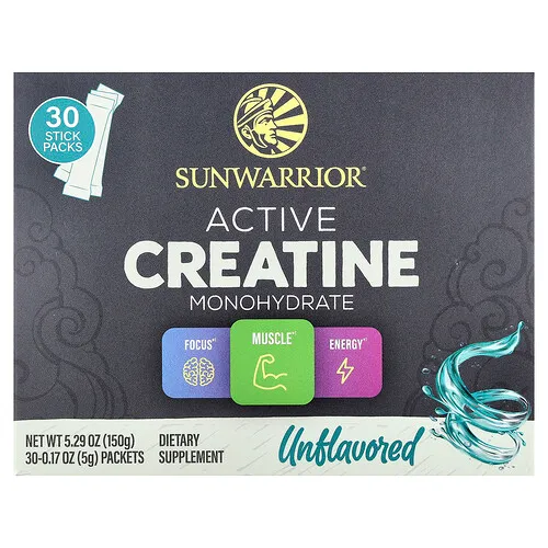 Sunwarrior, Monohidrato de creatina activo, Sin sabor, 30 sobres, 5 g (0,17 oz) cada uno